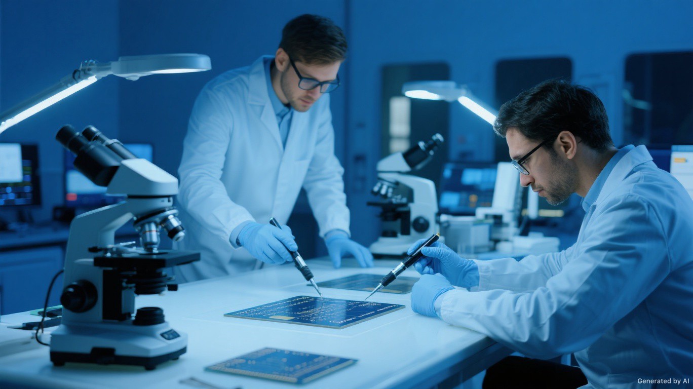 Personas trabajando en un laboratorio de semiconductores construyendo microtransistores